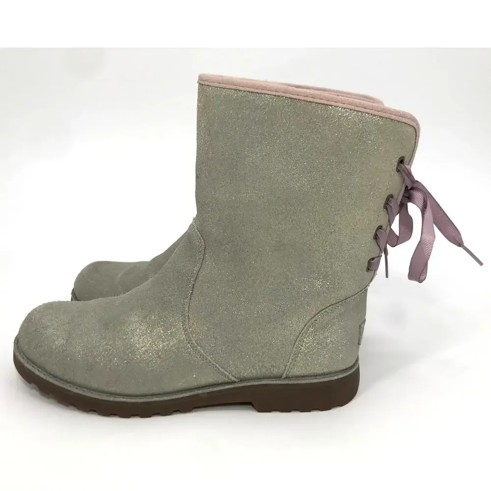 UGG Girls Corene Silver Metallic Suede Pink Lace Up Boots Size 6